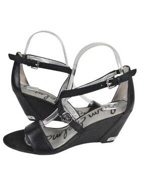 Sam Edelman Leather Wedge Sandal Heel  Black Size 6